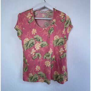 Tommy Bahama Womens Pink Floral Short Sleeve Silk T-Shirt Top Large 12/14 Summer